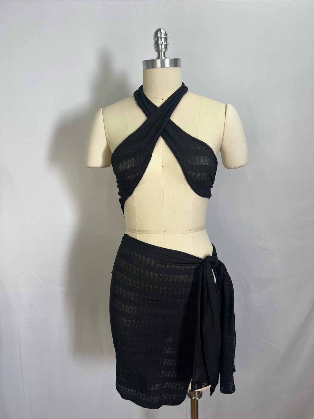 Pretty Little Thing - Black Two-Piece Knit Halter Top & Wrap Skirt Set